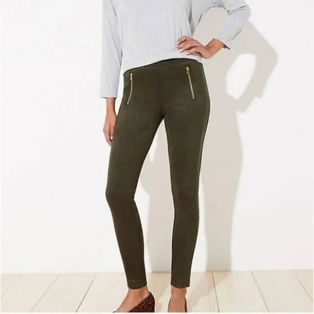 LOFT Leggings Green Faux Suede Zip Skinny Ankle Pull On - Picture 1 of 10
